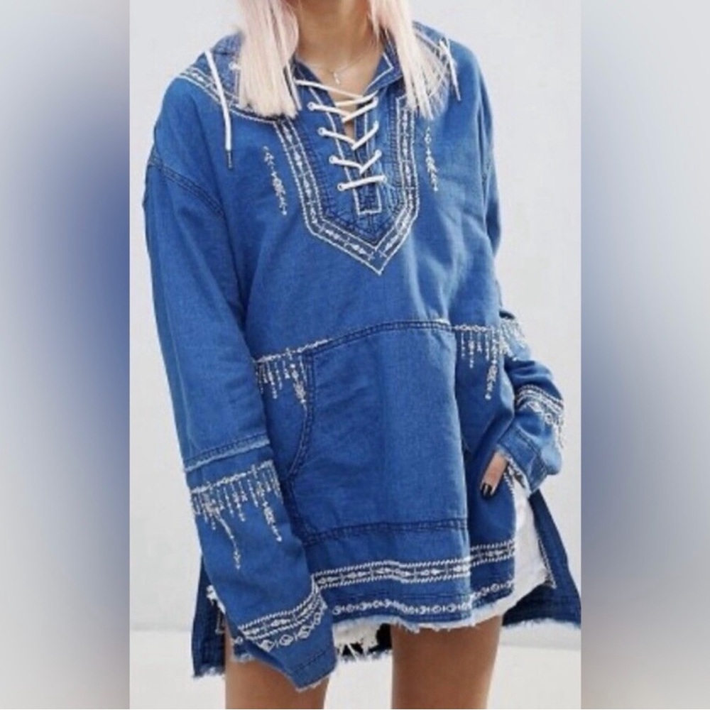 Blank NYC Indigo Blue Embroidered Hooded Pullover with White Drawcord